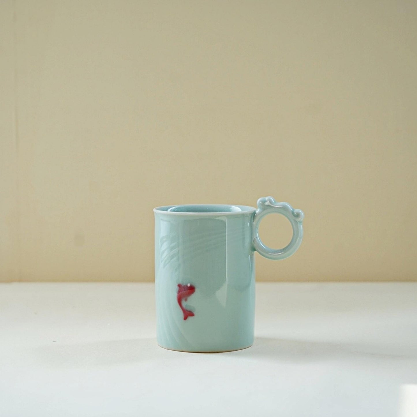 Celadon Mug with Red Fish — Handmade 350ml Chinese Ceramic Coffee Cup | Wabi Sabi Aesthetic | Minimalist Tea Mug | Gift for Her or Him