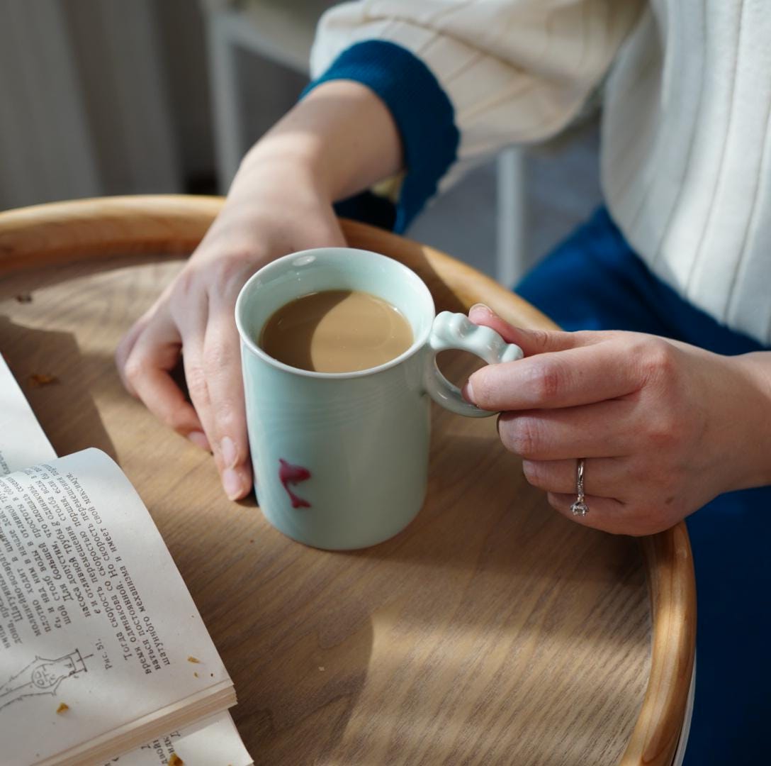 Celadon Mug with Red Fish — Handmade 350ml Chinese Ceramic Coffee Cup | Wabi Sabi Aesthetic | Minimalist Tea Mug | Gift for Her or Him
