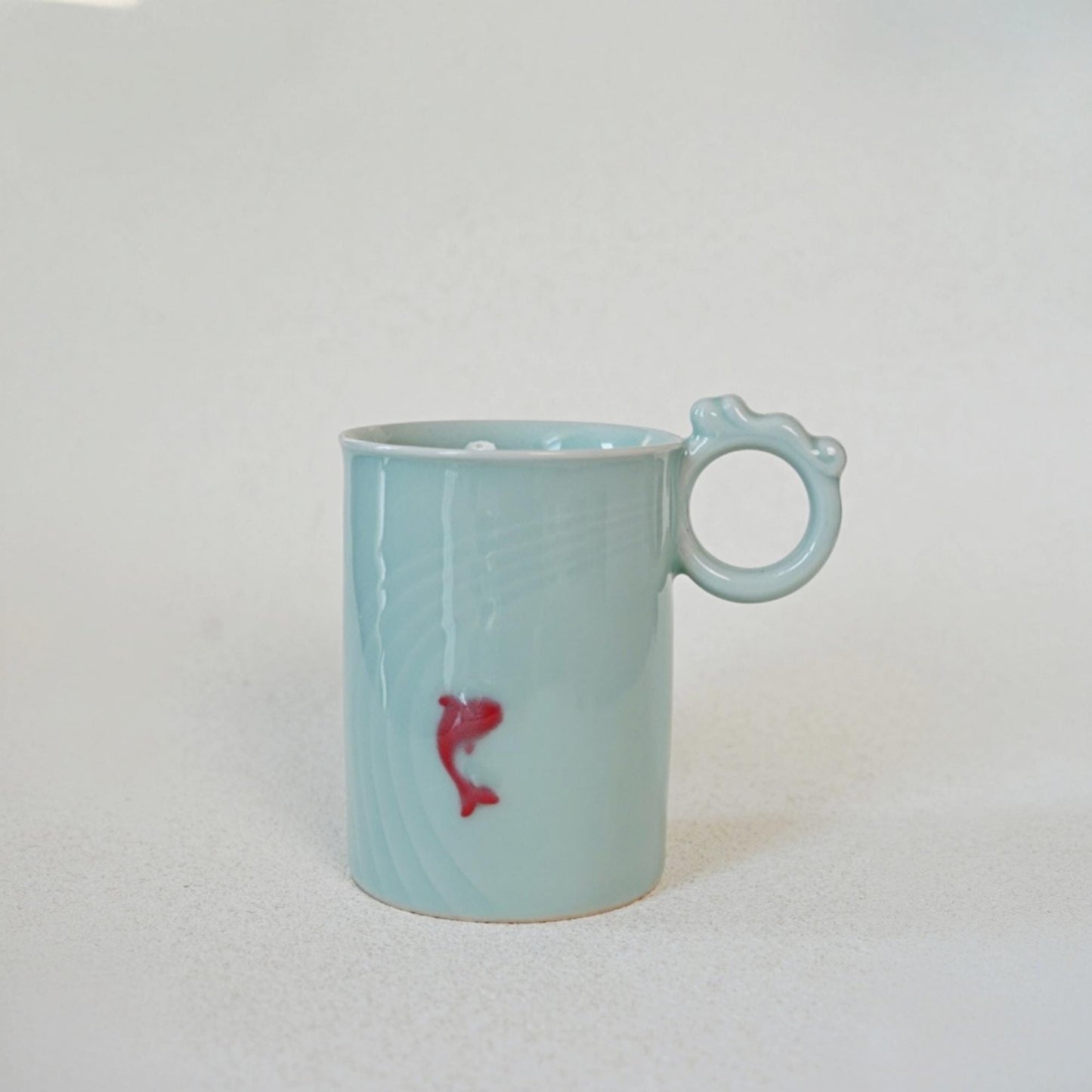 Celadon Mug with Red Fish — Handmade 350ml Chinese Ceramic Coffee Cup | Wabi Sabi Aesthetic | Minimalist Tea Mug | Gift for Her or Him