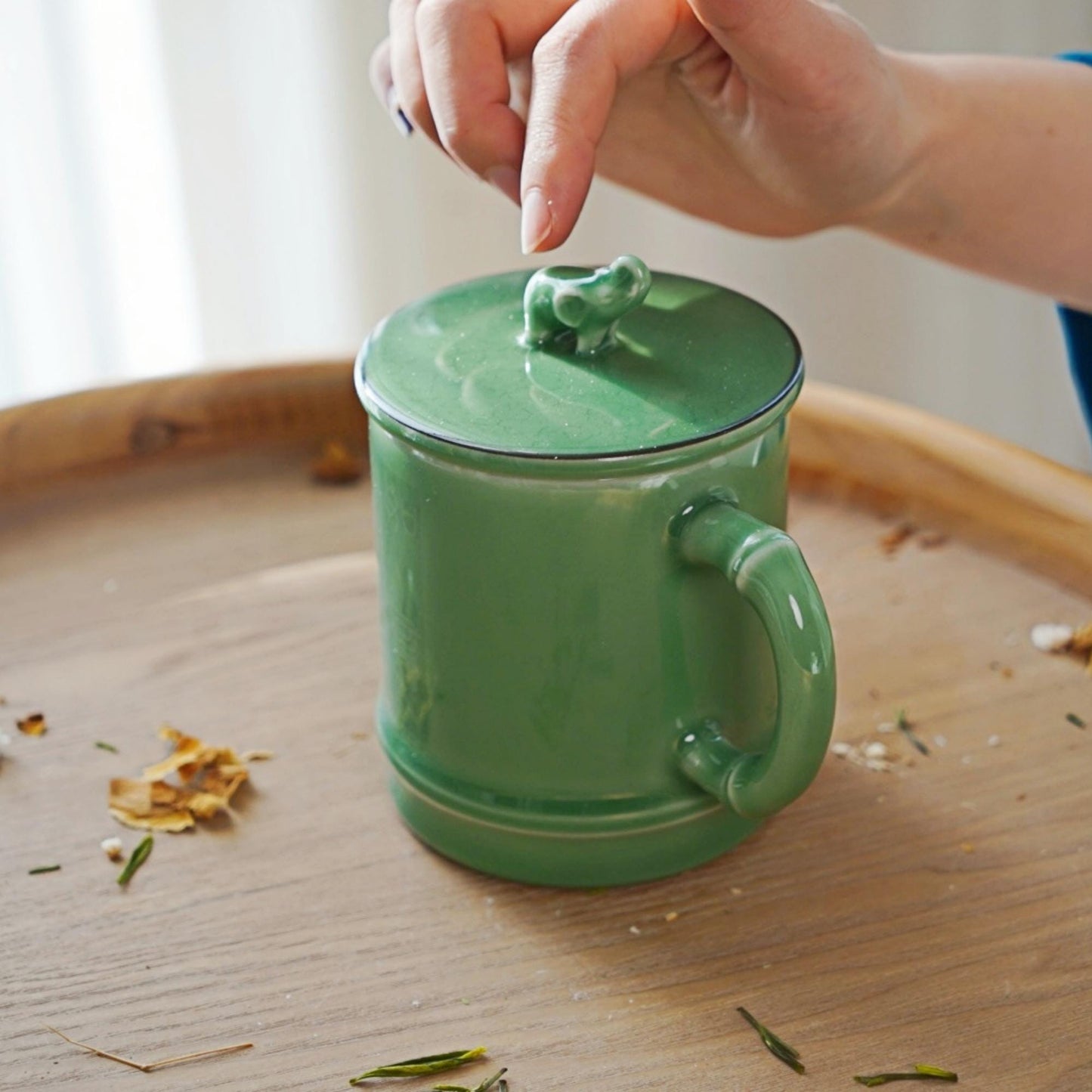 Elephant Lid Celadon Mug with Handle – 13oz Longquan Celadon Tea Mug | Handmade Chinese Ceramic Coffee Cup | Minimalist Wabi Sabi Drinkware
