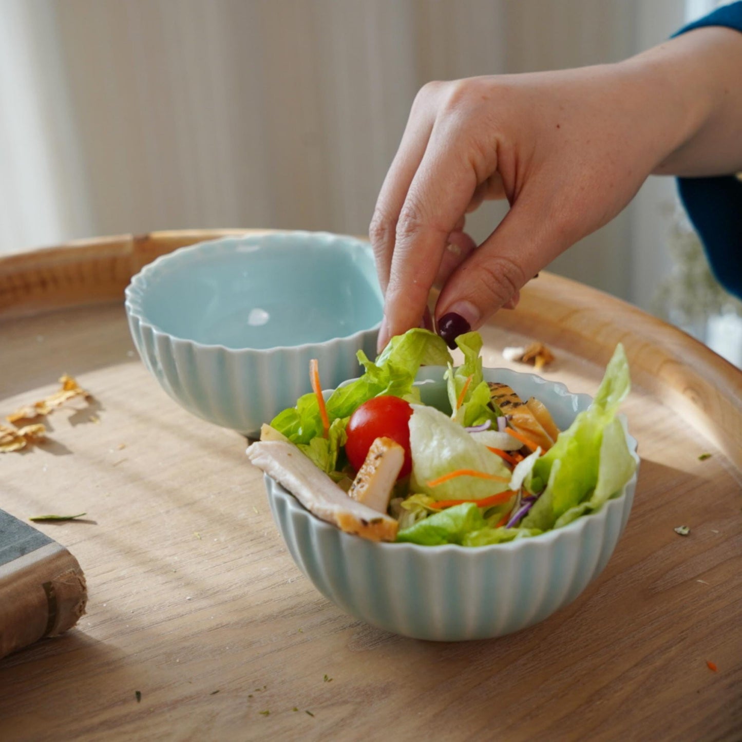 Small Blue Ceramic Bowl – Fluted Celadon Bowl 200ml for Salad, Rice, or Dessert – Dawn Petal Bowl | Still Season Studio