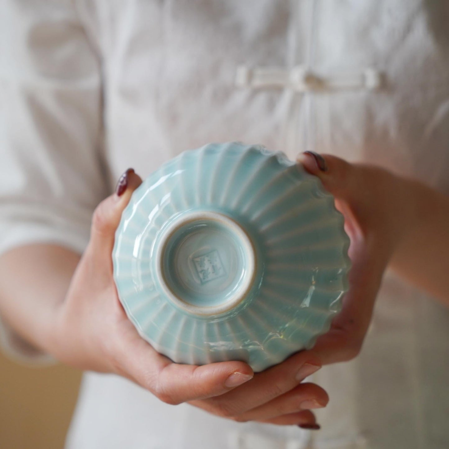 Small Blue Ceramic Bowl – Fluted Celadon Bowl 200ml for Salad, Rice, or Dessert – Dawn Petal Bowl | Still Season Studio