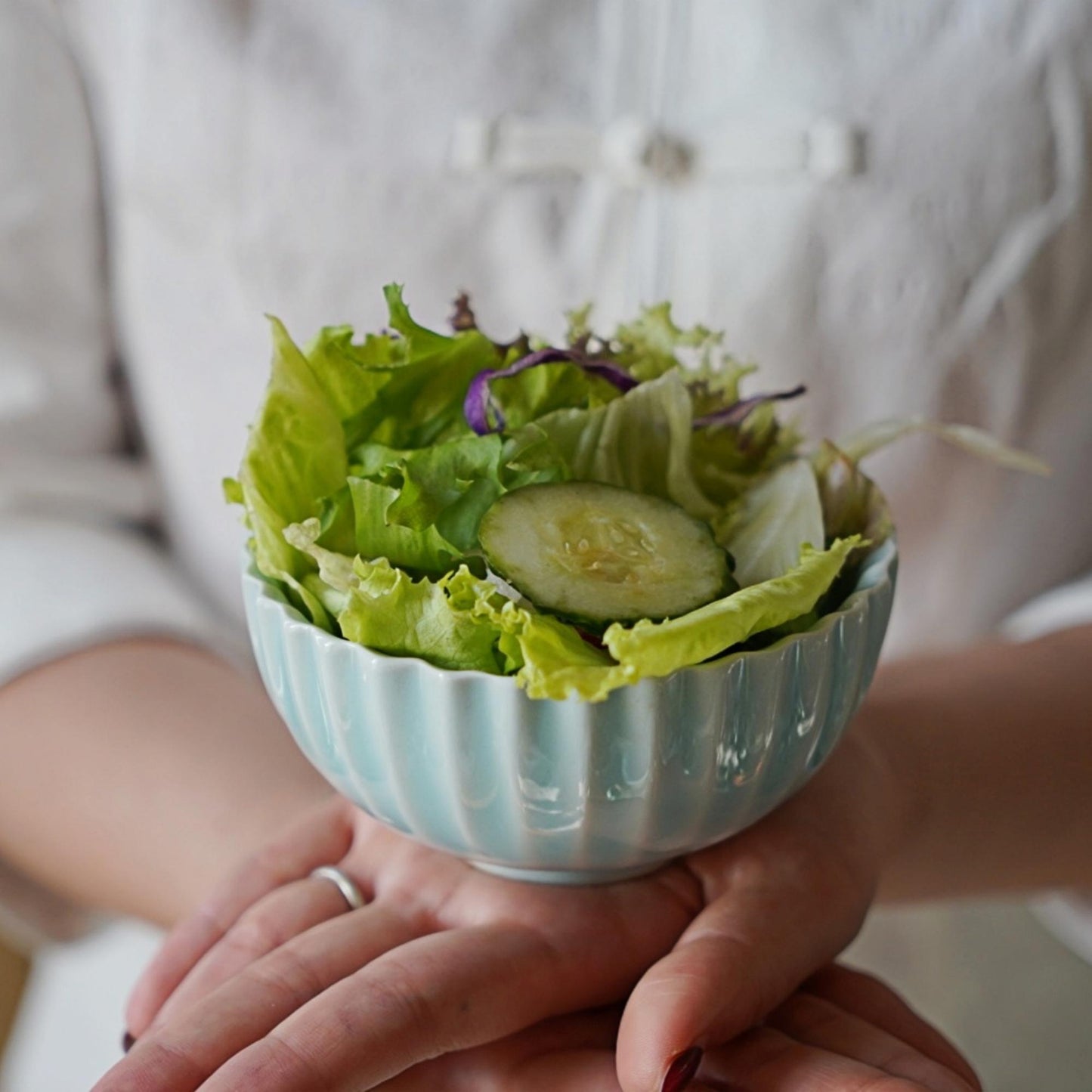 Small Blue Ceramic Bowl – Fluted Celadon Bowl 200ml for Salad, Rice, or Dessert – Dawn Petal Bowl | Still Season Studio