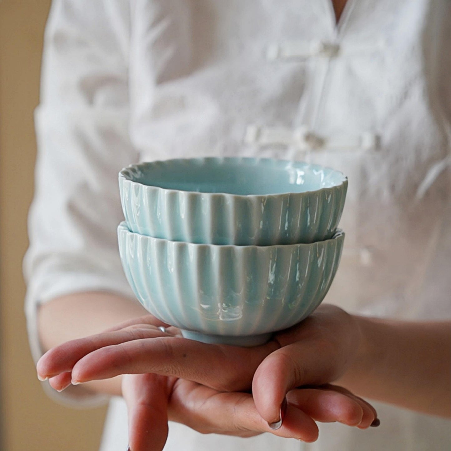 Small Blue Ceramic Bowl – Fluted Celadon Bowl 200ml for Salad, Rice, or Dessert – Dawn Petal Bowl | Still Season Studio