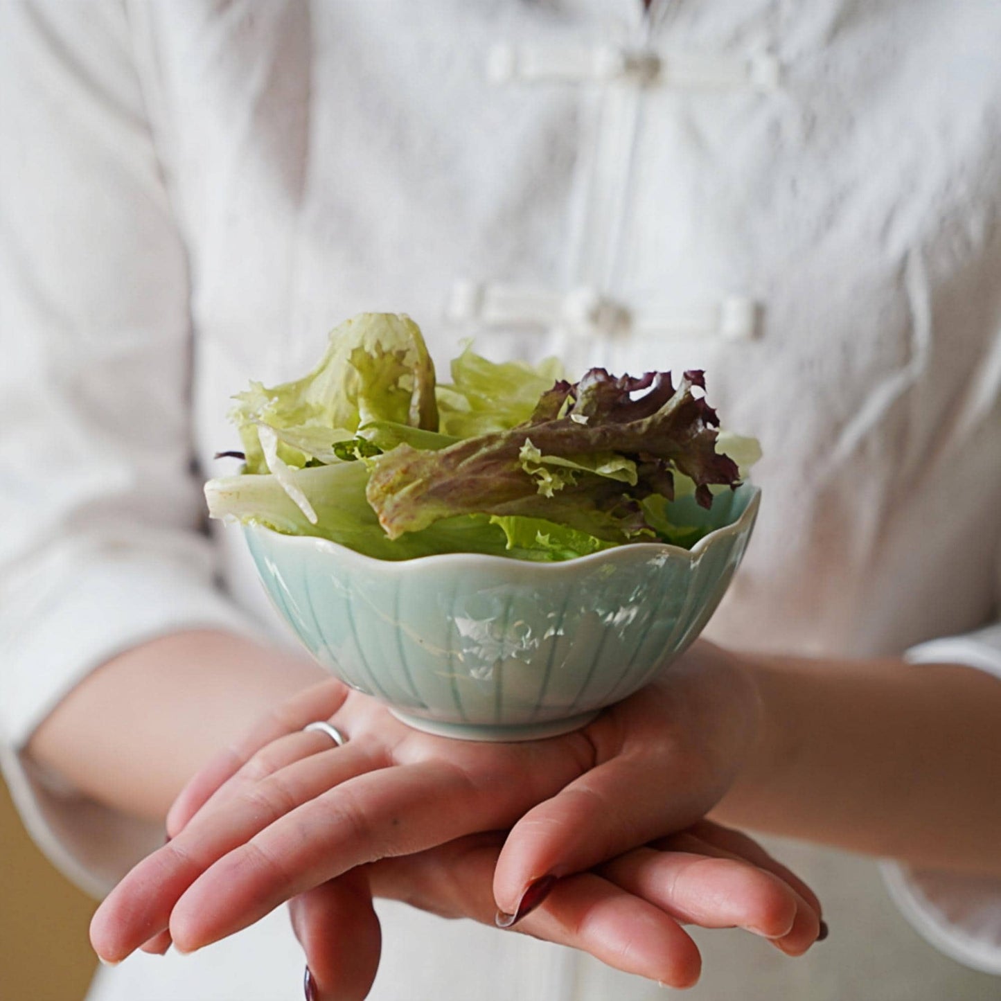Small Ceramic Petal Bowls – Blue Celadon Flower Bowls for Salad, Rice or Dessert – Handmade Asian Dishware | Still Season Studio（Set of 2 ）