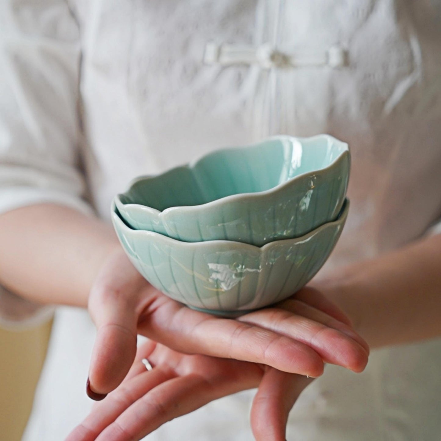 Small Ceramic Petal Bowls – Blue Celadon Flower Bowls for Salad, Rice or Dessert – Handmade Asian Dishware | Still Season Studio（Set of 2 ）