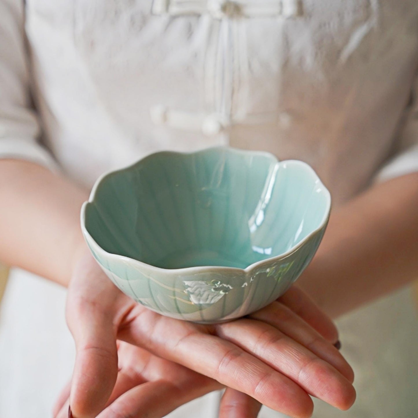 Small Ceramic Petal Bowls – Blue Celadon Flower Bowls for Salad, Rice or Dessert – Handmade Asian Dishware | Still Season Studio（Set of 2 ）