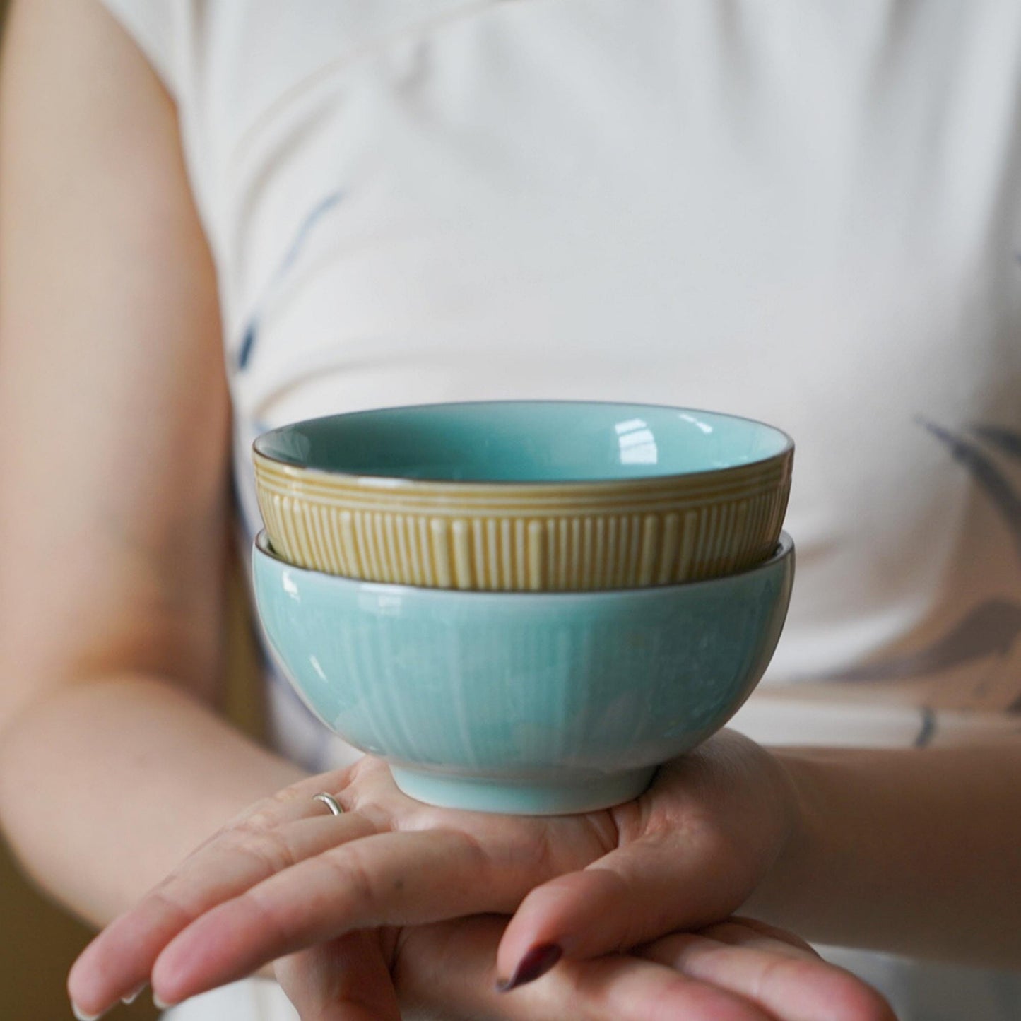 Small Ceramic Rice Bowls – Blue and Yellow Celadon Bowls for Soup, Dessert or Salad – Fluted Asian Pottery Gift Set(Set of 2 )