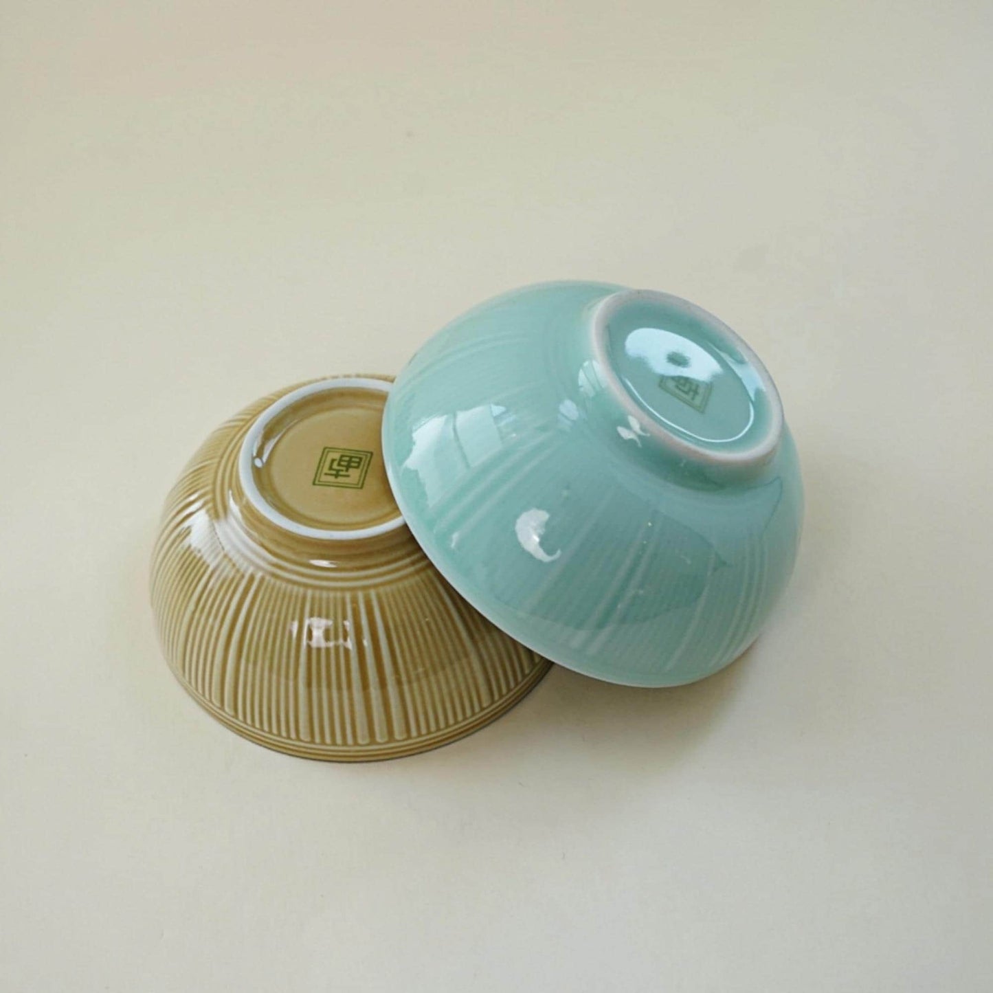 Small Ceramic Rice Bowls – Blue and Yellow Celadon Bowls for Soup, Dessert or Salad – Fluted Asian Pottery Gift Set(Set of 2 )