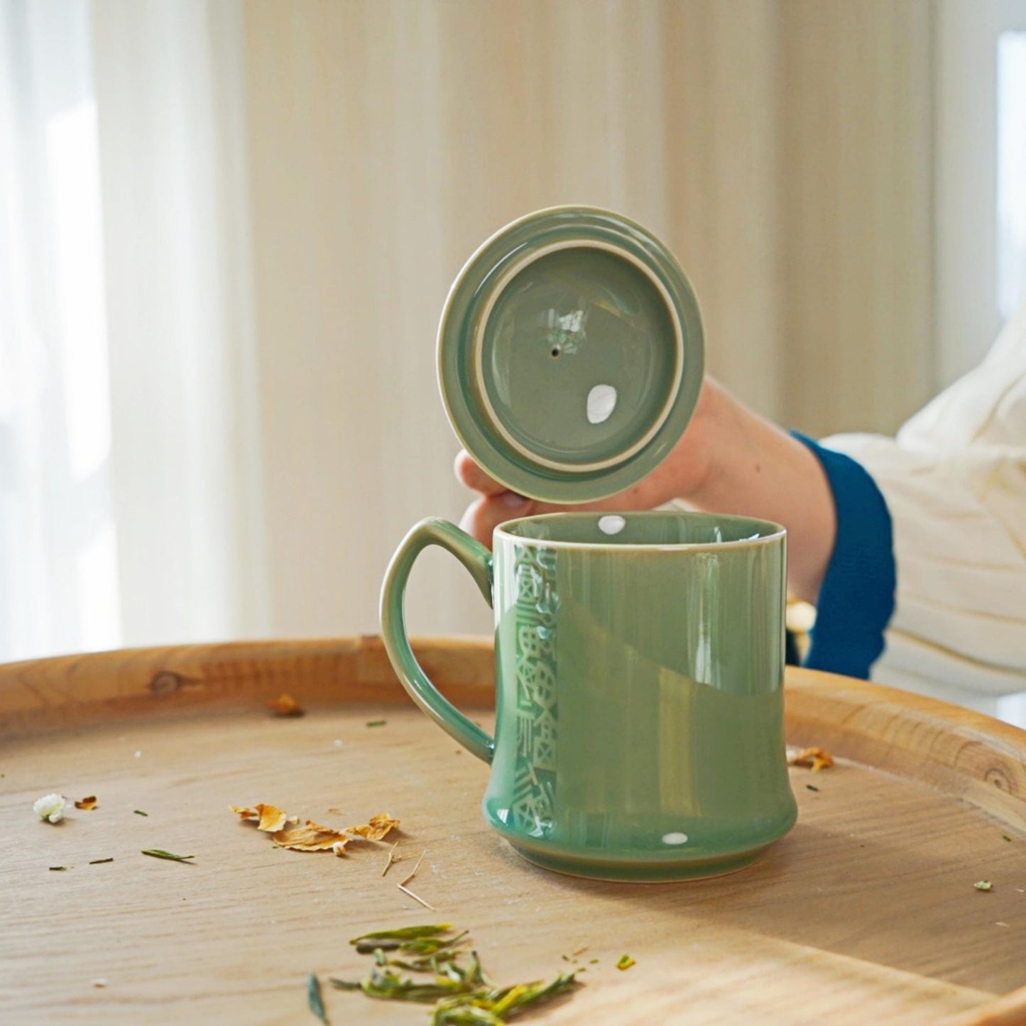 Ceramic Mug with Lid – Large 12oz Chinese Tea Cup with Handle – Longquan Green Glazed Five Blessings Mug | Still Season Studio