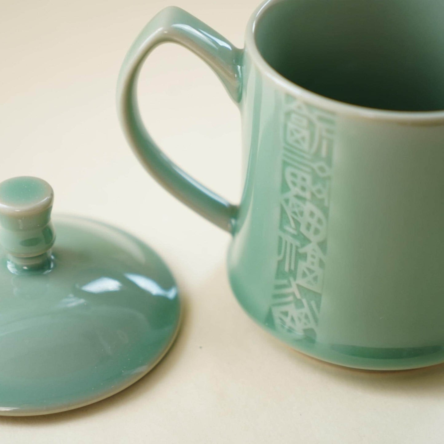 Ceramic Mug with Lid – Large 12oz Chinese Tea Cup with Handle – Longquan Green Glazed Five Blessings Mug | Still Season Studio