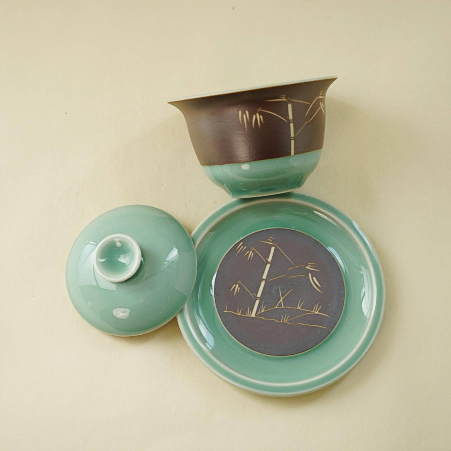 Celadon Gaiwan with Bamboo Engraving,  Handmade Chinese Tea Cup with Lid and Saucer, Gongfu Tea Ceremony Cup, Minimalist Zen Style