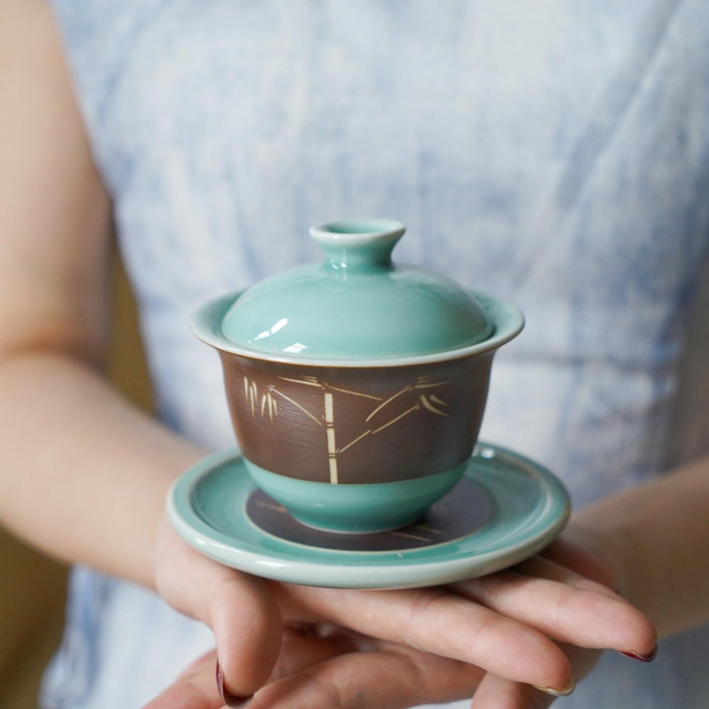 Celadon Gaiwan with Bamboo Engraving,  Handmade Chinese Tea Cup with Lid and Saucer, Gongfu Tea Ceremony Cup, Minimalist Zen Style
