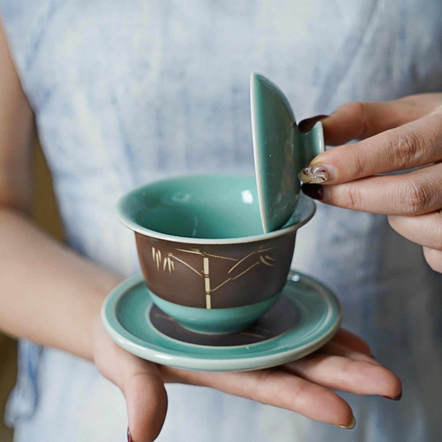 Celadon Gaiwan with Bamboo Engraving,  Handmade Chinese Tea Cup with Lid and Saucer, Gongfu Tea Ceremony Cup, Minimalist Zen Style