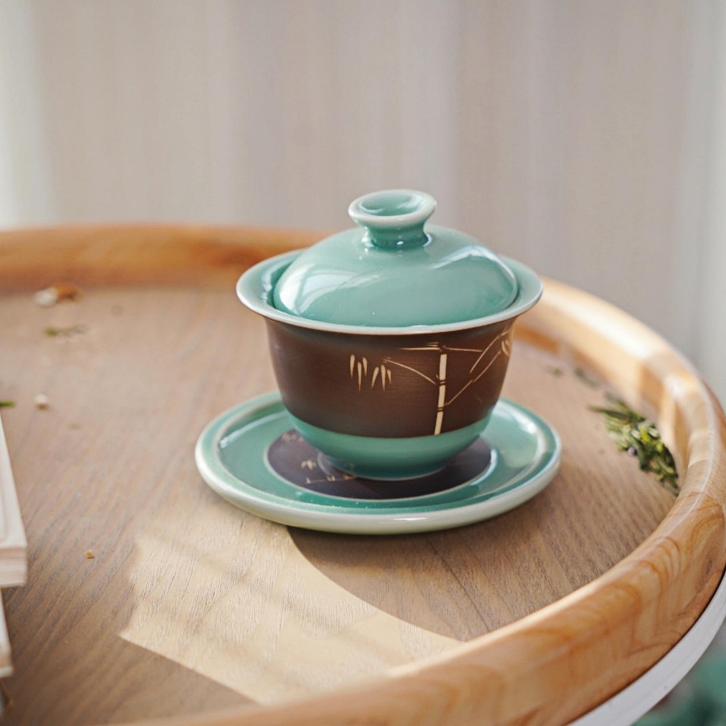 Celadon Gaiwan with Bamboo Engraving,  Handmade Chinese Tea Cup with Lid and Saucer, Gongfu Tea Ceremony Cup, Minimalist Zen Style