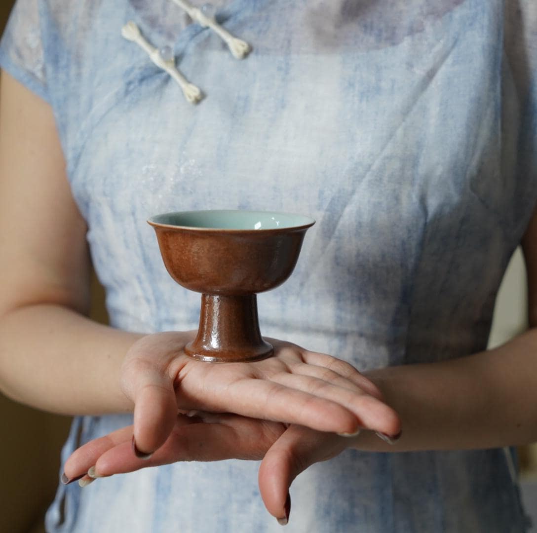 Pedestal Cup – Handmade Chinese Ceramic Chalice | Wabi Sabi Zen Style Gongfu Tea Cup | Minimalist High Foot Cup for Tea, Wine, Ritual