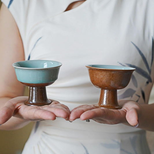 Pedestal Cup – Handmade Chinese Ceramic Chalice | Wabi Sabi Zen Style Gongfu Tea Cup | Minimalist High Foot Cup for Tea, Wine, Ritual