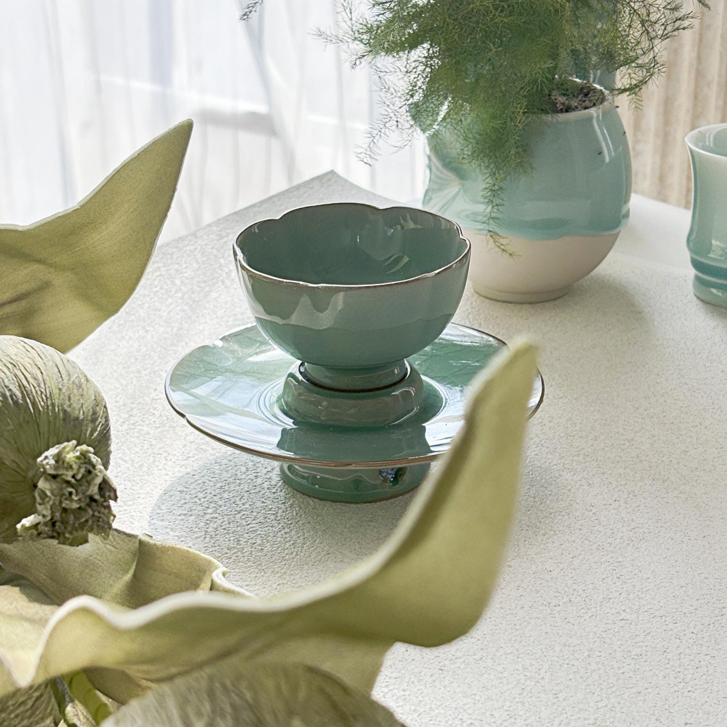 Stillness Cup · Summer Ritual Teacup | 100ml Longquan Celadon Tea Bowl with Stand | Zen Gongfu Tea Set | Handmade Oriental Pottery