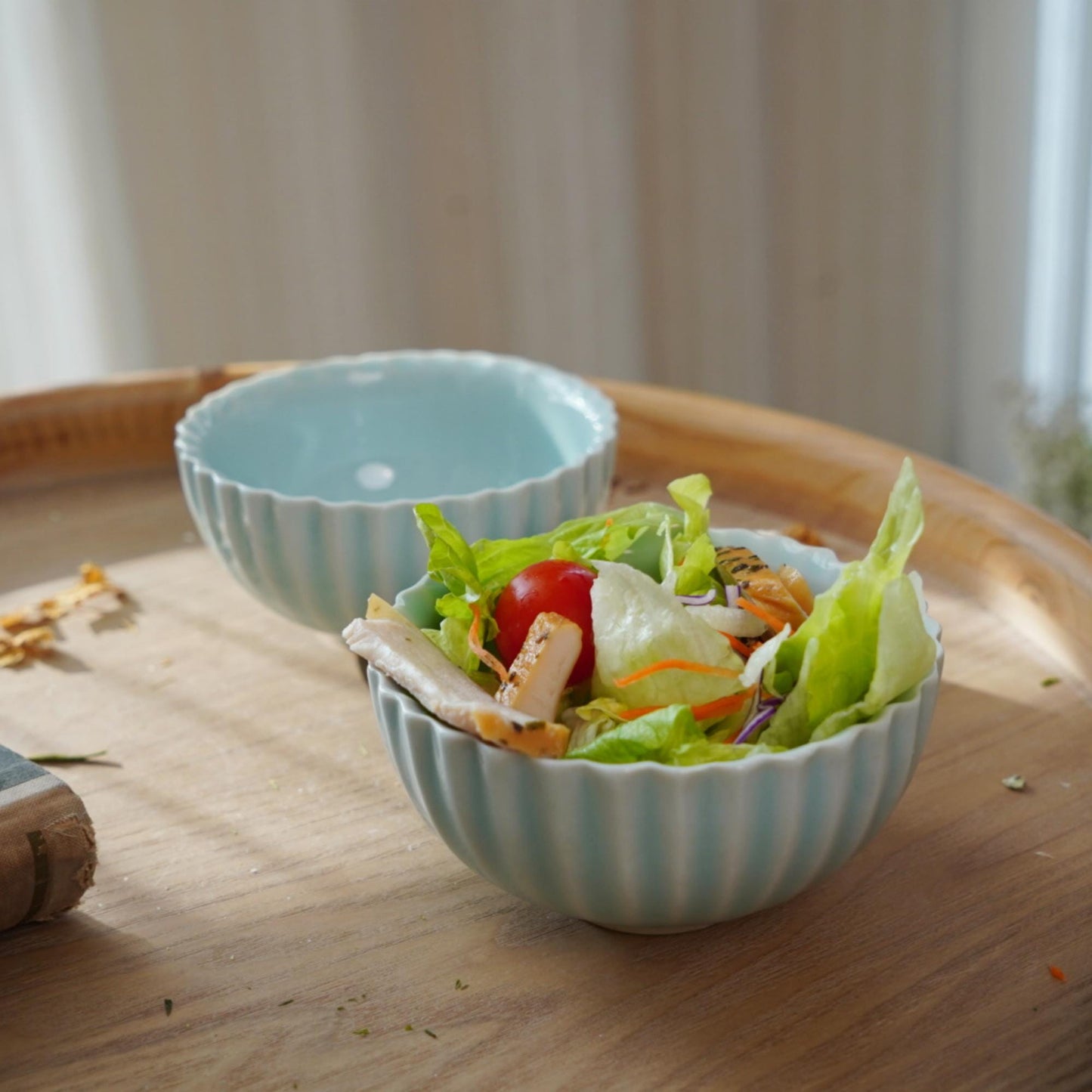 Small Blue Ceramic Bowl – Fluted Celadon Bowl 200ml for Salad, Rice, or Dessert – Dawn Petal Bowl | Still Season Studio