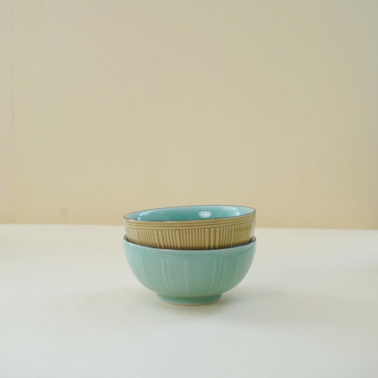 Small Ceramic Rice Bowls – Blue and Yellow Celadon Bowls for Soup, Dessert or Salad – Fluted Asian Pottery Gift Set(Set of 2 )