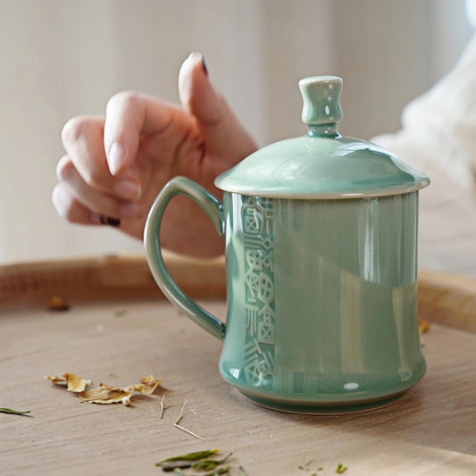 Ceramic Mug with Lid – Large 12oz Chinese Tea Cup with Handle – Longquan Green Glazed Five Blessings Mug | Still Season Studio