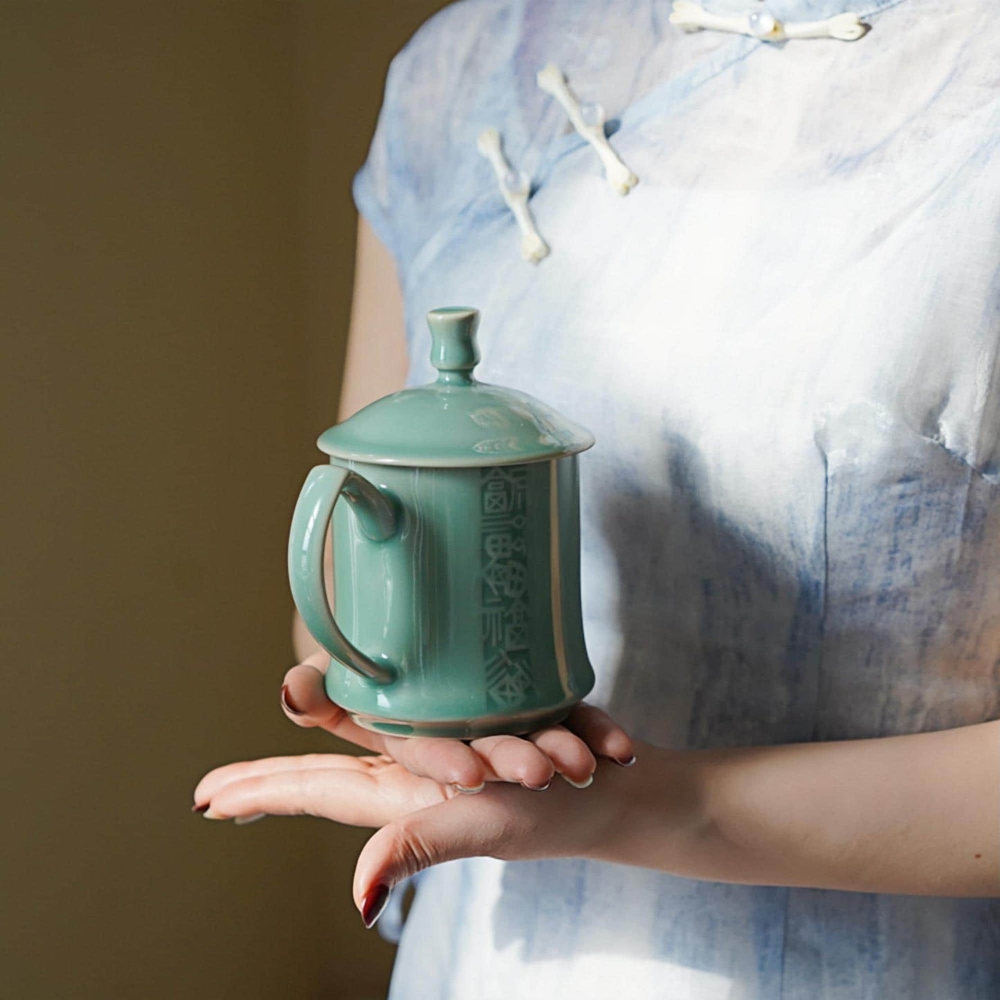 Ceramic Mug with Lid – Large 12oz Chinese Tea Cup with Handle – Longquan Green Glazed Five Blessings Mug | Still Season Studio